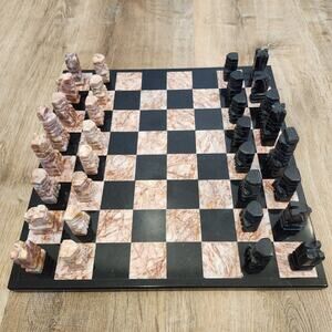 Vtg Mexican Aztec Onyx Marble CHESS SET Pink Black Hand Cut Stone 14" Board